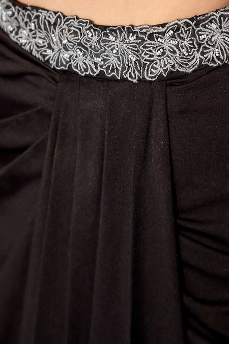 Zilaire_Black Polyester, Neoprene Beads, Patchwork Cut-out Crop Top And Draped Skirt Set _Online_at_Aza_Fashions