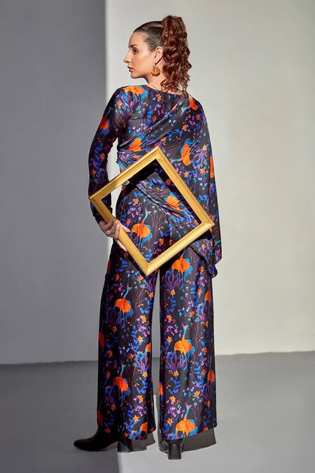 Zilaire Draped Bird Print Crop Top & Flared Pant Set 