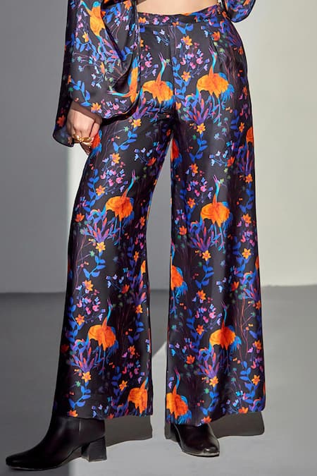 Buy_Zilaire_Multi Color Satin V-neck Draped Bird Print Crop Top And Flared Pant Set _Online_at_Aza_Fashions