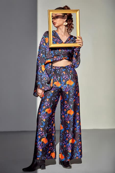 Shop_Zilaire_Multi Color Satin V-neck Draped Bird Print Crop Top And Flared Pant Set _Online_at_Aza_Fashions