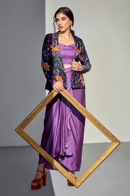 Zilaire Black Bird Print Blazer & Draped Skirt Set 