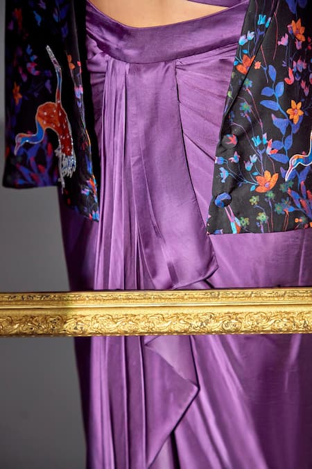 Shop_Zilaire_Black Satin Collared, Sweetheart Neck Bird Print Blazer And Draped Skirt Set _Online_at_Aza_Fashions