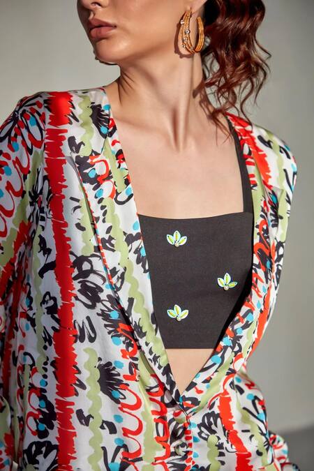 Shop_Zilaire_Multi Color Satin, Polyester Sequins, Multicolor Abstract Print Blazer Pant Set _Online_at_Aza_Fashions