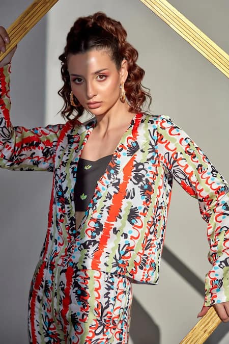 Zilaire_Multi Color Satin, Polyester Sequins, Multicolor Abstract Print Blazer Pant Set _at_Aza_Fashions