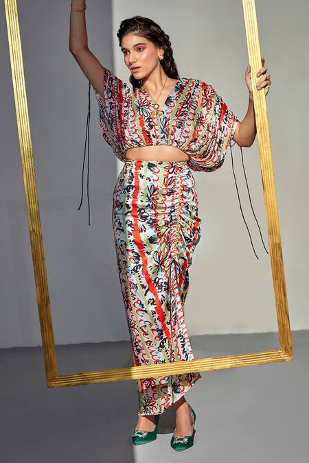 Buy_Zilaire_Multi Color Chiffon, Satin V-neck Draped Abstract Print Crop Top And Skirt Set _Online_at_Aza_Fashions