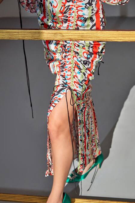 Shop_Zilaire_Multi Color Chiffon, Satin V-neck Draped Abstract Print Crop Top And Skirt Set _Online_at_Aza_Fashions