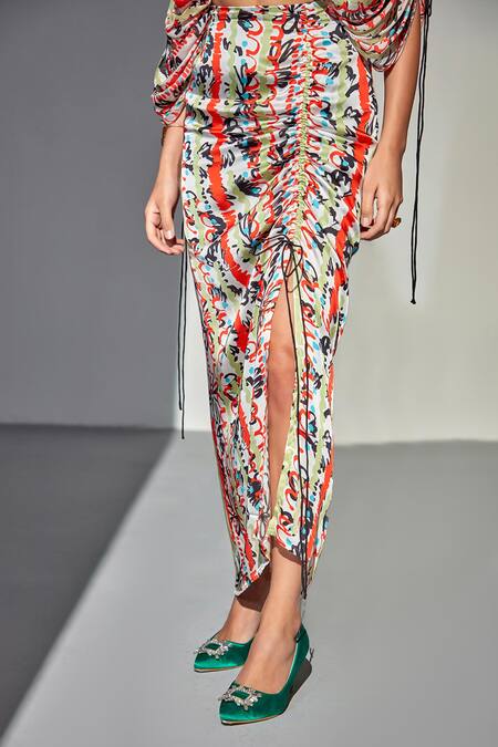 Zilaire_Multi Color Chiffon, Satin V-neck Draped Abstract Print Crop Top And Skirt Set _at_Aza_Fashions
