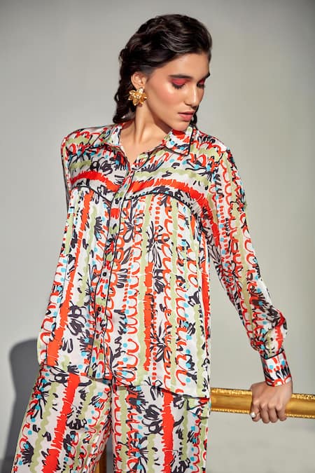 Shop_Zilaire_Multi Color Satin, Chiffon Misty Blossom Abstract Printed Shirt And Pant Set _Online_at_Aza_Fashions
