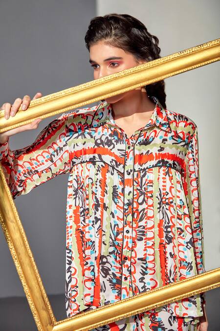 Zilaire_Multi Color Satin, Chiffon Misty Blossom Abstract Printed Shirt And Pant Set _at_Aza_Fashions