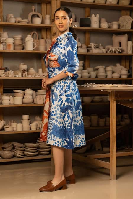 Zilaire_Multi Color Cotton Shawl Neck Block Printed Shirt Dress _Online_at_Aza_Fashions