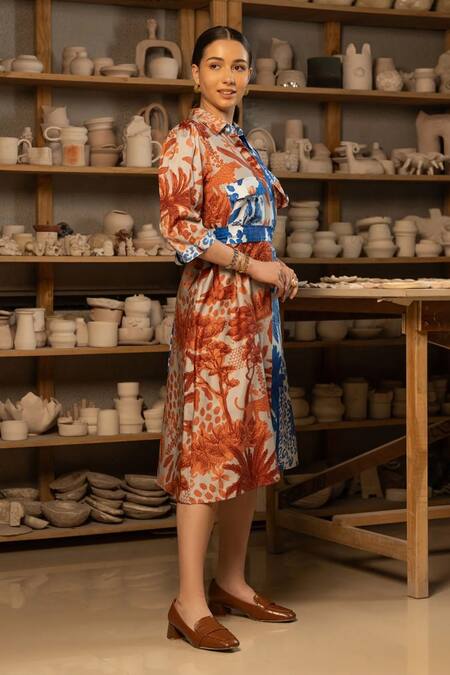 Buy_Zilaire_Multi Color Cotton Shawl Neck Block Printed Shirt Dress _Online_at_Aza_Fashions