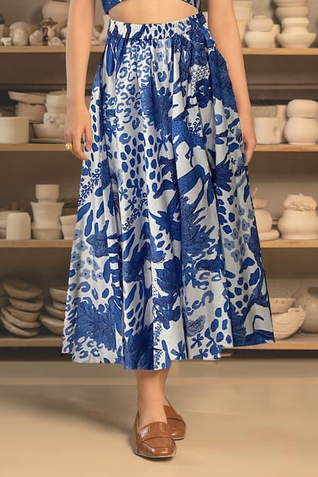Zilaire Blue Cotton Square Neck Jungle Print Crop Top And Skirt Set Online at Aza Fashions Zilaire_Blue Cotton Square Neck Jungle Print Crop Top And Skirt Set _Online_at_Aza_Fashions