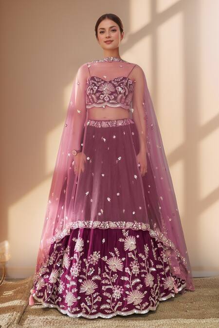 Samyukta Singhania_Burgundy Polyester, Net Sequins, Zari, Floral Bloom Embroidered Lehenga Set_Online_at_Aza_Fashions