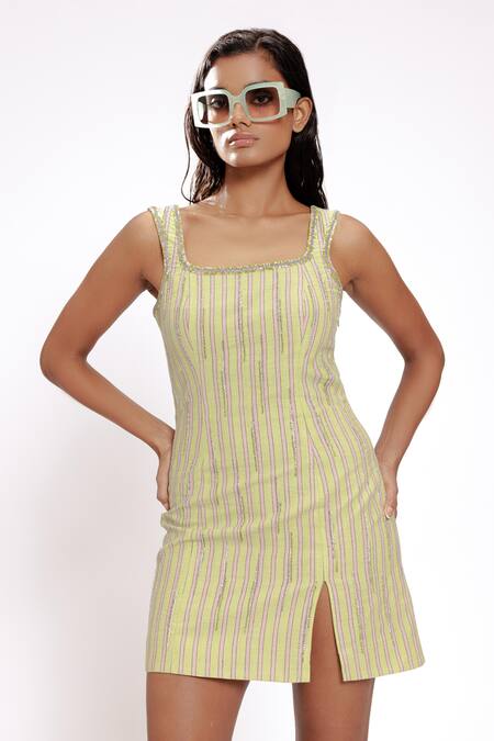 Buy_Doh Tak Keh_Green Cotton Crystals Square Neck Embroidered Bodycon Dress_Online_at_Aza_Fashions