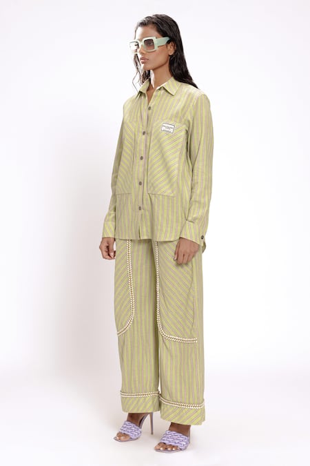 Doh Tak Keh Green Cotton Woven Stripe Flared Trouser Online at Aza Fashions Doh Tak Keh_Green Cotton Woven Stripe Flared Trouser_Online_at_Aza_Fashions