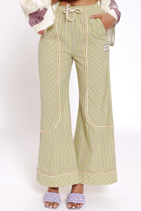 Buy Doh Tak Keh Green Cotton Woven Stripe Flared Trouser Online at Aza Fashions Buy_Doh Tak Keh_Green Cotton Woven Stripe Flared Trouser_Online_at_Aza_Fashions
