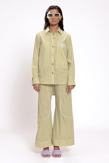 Shop Doh Tak Keh Green Cotton Woven Stripe Flared Trouser Online at Aza Fashions Shop_Doh Tak Keh_Green Cotton Woven Stripe Flared Trouser_Online_at_Aza_Fashions