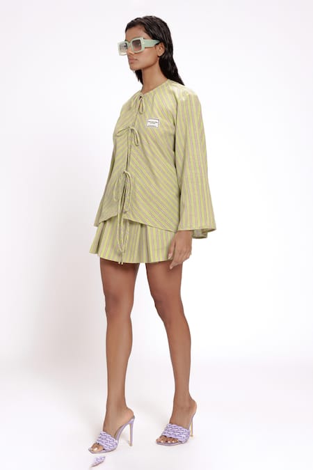 Doh Tak Keh_Green Cotton Round Neck Woven Stripe Tie-up Top_Online_at_Aza_Fashions