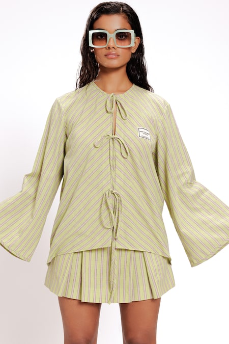 Buy_Doh Tak Keh_Green Cotton Round Neck Woven Stripe Tie-up Top_Online_at_Aza_Fashions