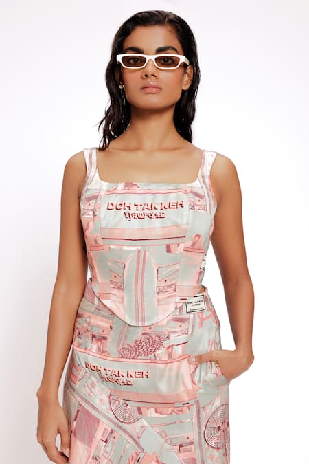 Doh Tak Keh_Green Satin Square Neck Mint Printed Corset_Online_at_Aza_Fashions