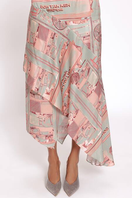 Doh Tak Keh Green Satin Mint Printed Asymmetric Skirt Online at Aza Fashions Doh Tak Keh_Green Satin Mint Printed Asymmetric Skirt_Online_at_Aza_Fashions