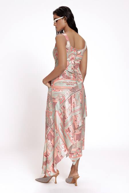 Shop Doh Tak Keh Green Satin Mint Printed Asymmetric Skirt at Aza Fashions Shop_Doh Tak Keh_Green Satin Mint Printed Asymmetric Skirt_at_Aza_Fashions