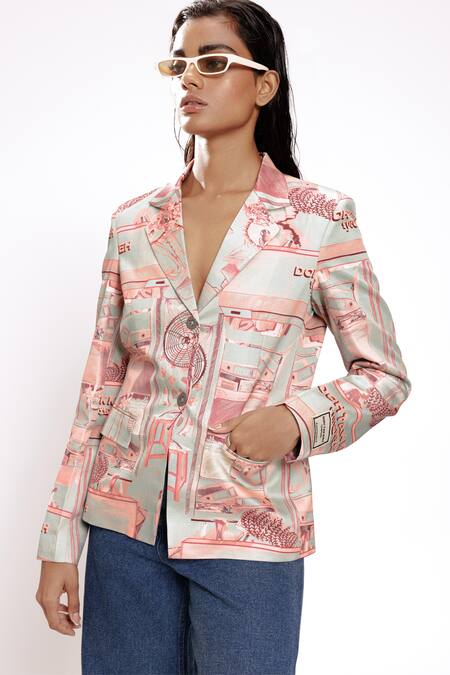 Doh Tak Keh_Green Mint Studio Print Blazer_Online_at_Aza_Fashions