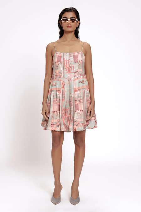 Doh Tak Keh_Green Bamboo Square Neck Mint Studio Print Bubble Dress_Online_at_Aza_Fashions