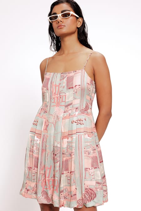 Buy_Doh Tak Keh_Green Bamboo Square Neck Mint Studio Print Bubble Dress_Online_at_Aza_Fashions