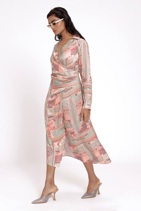 Doh Tak Keh Green Bamboo Collared Mint Studio Print Draped Dress Online at Aza Fashions Doh Tak Keh_Green Bamboo Collared Mint Studio Print Draped Dress_Online_at_Aza_Fashions