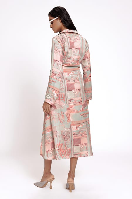 Shop Doh Tak Keh Green Bamboo Collared Mint Studio Print Draped Dress at Aza Fashions Shop_Doh Tak Keh_Green Bamboo Collared Mint Studio Print Draped Dress_at_Aza_Fashions