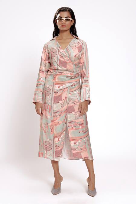 Buy Doh Tak Keh Green Bamboo Collared Mint Studio Print Draped Dress Online at Aza Fashions Buy_Doh Tak Keh_Green Bamboo Collared Mint Studio Print Draped Dress_Online_at_Aza_Fashions