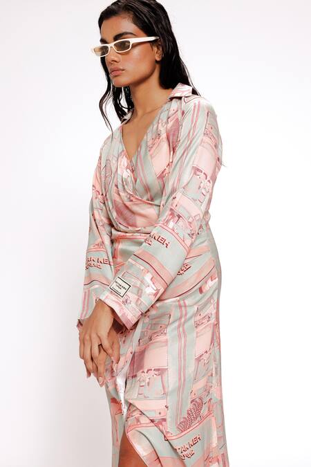 Shop Doh Tak Keh Green Bamboo Collared Mint Studio Print Draped Dress Online at Aza Fashions Shop_Doh Tak Keh_Green Bamboo Collared Mint Studio Print Draped Dress_Online_at_Aza_Fashions