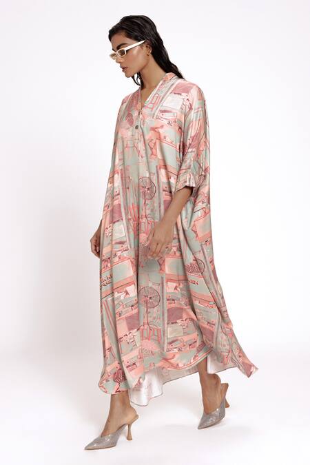 Doh Tak Keh_Green Brocade Collared Mint Studio Printed Kaftan_Online_at_Aza_Fashions