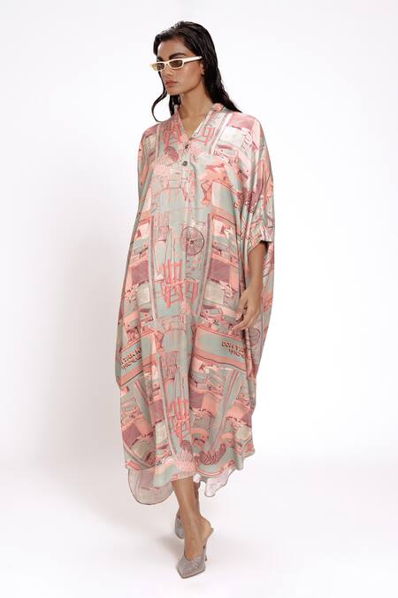 Buy_Doh Tak Keh_Green Brocade Collared Mint Studio Printed Kaftan_Online_at_Aza_Fashions