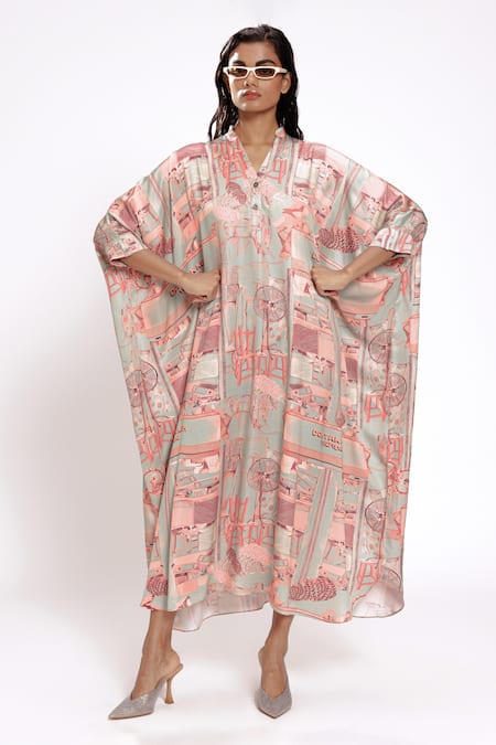 Shop_Doh Tak Keh_Green Brocade Collared Mint Studio Printed Kaftan_Online_at_Aza_Fashions