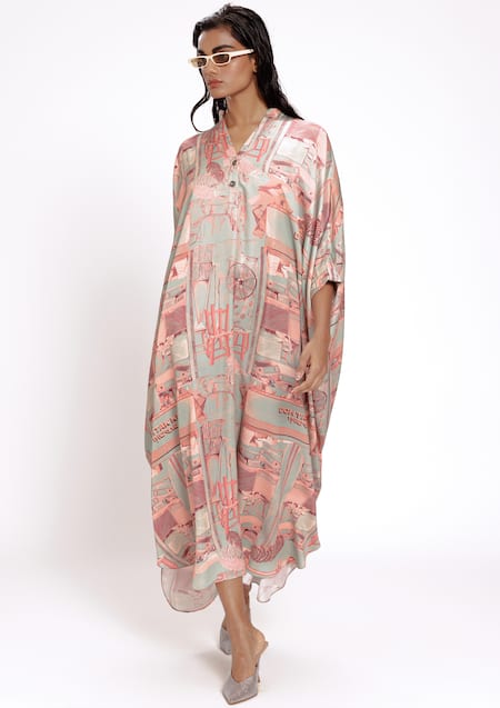 Buy_Doh Tak Keh_Green Brocade Collared Mint Studio Printed Kaftan