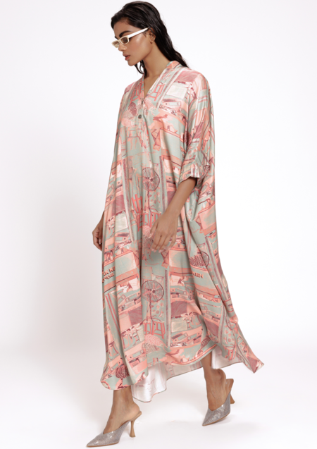Shop_Doh Tak Keh_Green Brocade Collared Mint Studio Printed Kaftan