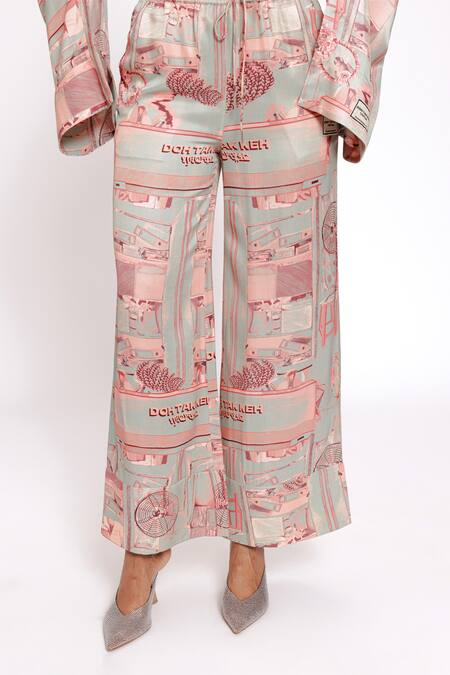 Shop Doh Tak Keh Green Bamboo Studio Print Flared Trouser Online at Aza Fashions Shop_Doh Tak Keh_Green Bamboo Studio Print Flared Trouser_Online_at_Aza_Fashions