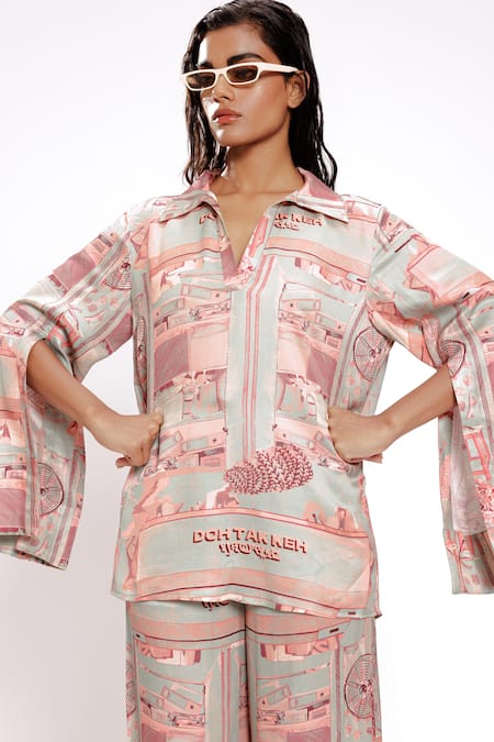 Doh Tak Keh Green Bamboo Studio Print Flared Trouser at Aza Fashions Doh Tak Keh_Green Bamboo Studio Print Flared Trouser_at_Aza_Fashions