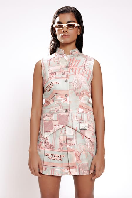 Buy_Doh Tak Keh_Green Bamboo Mandarin Collar Mint Studio Print Vest Top_Online_at_Aza_Fashions