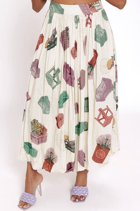 Shop Doh Tak Keh Ivory Rayon Flower Market Print Bubble Skirt Online at Aza Fashions Shop_Doh Tak Keh_Ivory Rayon Flower Market Print Bubble Skirt_Online_at_Aza_Fashions