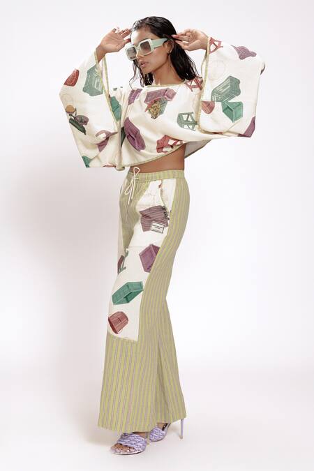 Doh Tak Keh Ivory Rayon Piping Round Neck Printed Crop Top With Kimono Sleeves Online at Aza Fashions Doh Tak Keh_Ivory Rayon Piping Round Neck Printed Crop Top With Kimono Sleeves_Online_at_Aza_Fashions