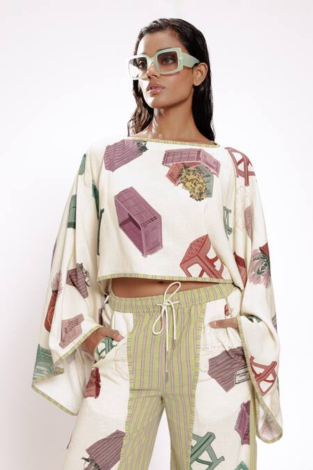 Buy Doh Tak Keh Ivory Rayon Piping Round Neck Printed Crop Top With Kimono Sleeves Online at Aza Fashions Buy_Doh Tak Keh_Ivory Rayon Piping Round Neck Printed Crop Top With Kimono Sleeves_Online_at_Aza_Fashions