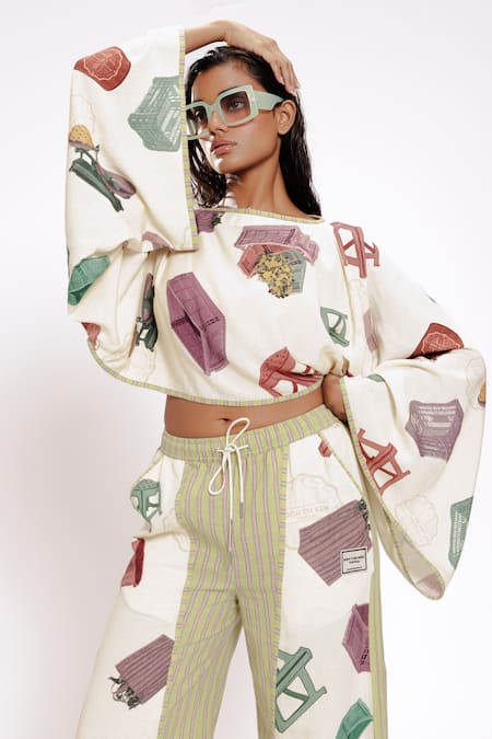 Shop Doh Tak Keh Ivory Rayon Piping Round Neck Printed Crop Top With Kimono Sleeves Online at Aza Fashions Shop_Doh Tak Keh_Ivory Rayon Piping Round Neck Printed Crop Top With Kimono Sleeves_Online_at_Aza_Fashions