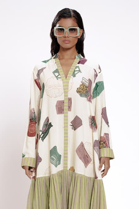 Doh Tak Keh Ivory Rayon Collared, V-neck Green Color Block Printed Maxi Dress Online at Aza Fashions Doh Tak Keh_Ivory Rayon Collared, V-neck Green Color Block Printed Maxi Dress_Online_at_Aza_Fashions