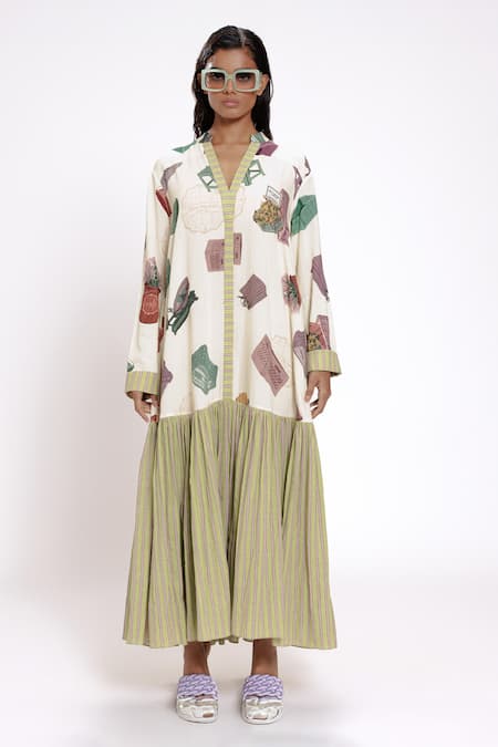 Buy Doh Tak Keh Ivory Rayon Collared, V-neck Green Color Block Printed Maxi Dress Online at Aza Fashions Buy_Doh Tak Keh_Ivory Rayon Collared, V-neck Green Color Block Printed Maxi Dress_Online_at_Aza_Fashions