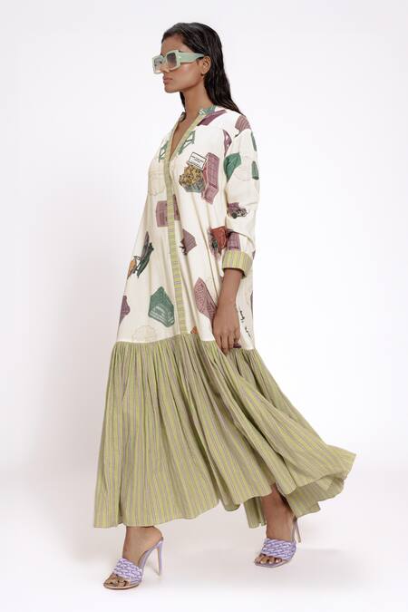 Shop Doh Tak Keh Ivory Rayon Collared, V-neck Green Color Block Printed Maxi Dress Online at Aza Fashions Shop_Doh Tak Keh_Ivory Rayon Collared, V-neck Green Color Block Printed Maxi Dress_Online_at_Aza_Fashions