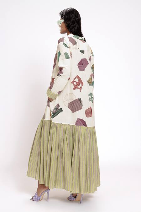 Shop Doh Tak Keh Ivory Rayon Collared, V-neck Green Color Block Printed Maxi Dress at Aza Fashions Shop_Doh Tak Keh_Ivory Rayon Collared, V-neck Green Color Block Printed Maxi Dress_at_Aza_Fashions