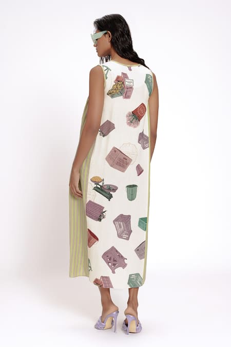 Shop Doh Tak Keh Ivory Rayon V-neck Color Block Flower Market Midi Dress at Aza Fashions Shop_Doh Tak Keh_Ivory Rayon V-neck Color Block Flower Market Midi Dress_at_Aza_Fashions